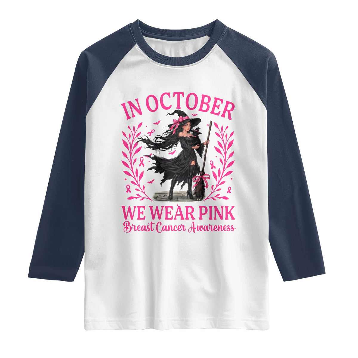 Breast Cancer Halloween Witch Raglan Shirt In October We Wear Pink