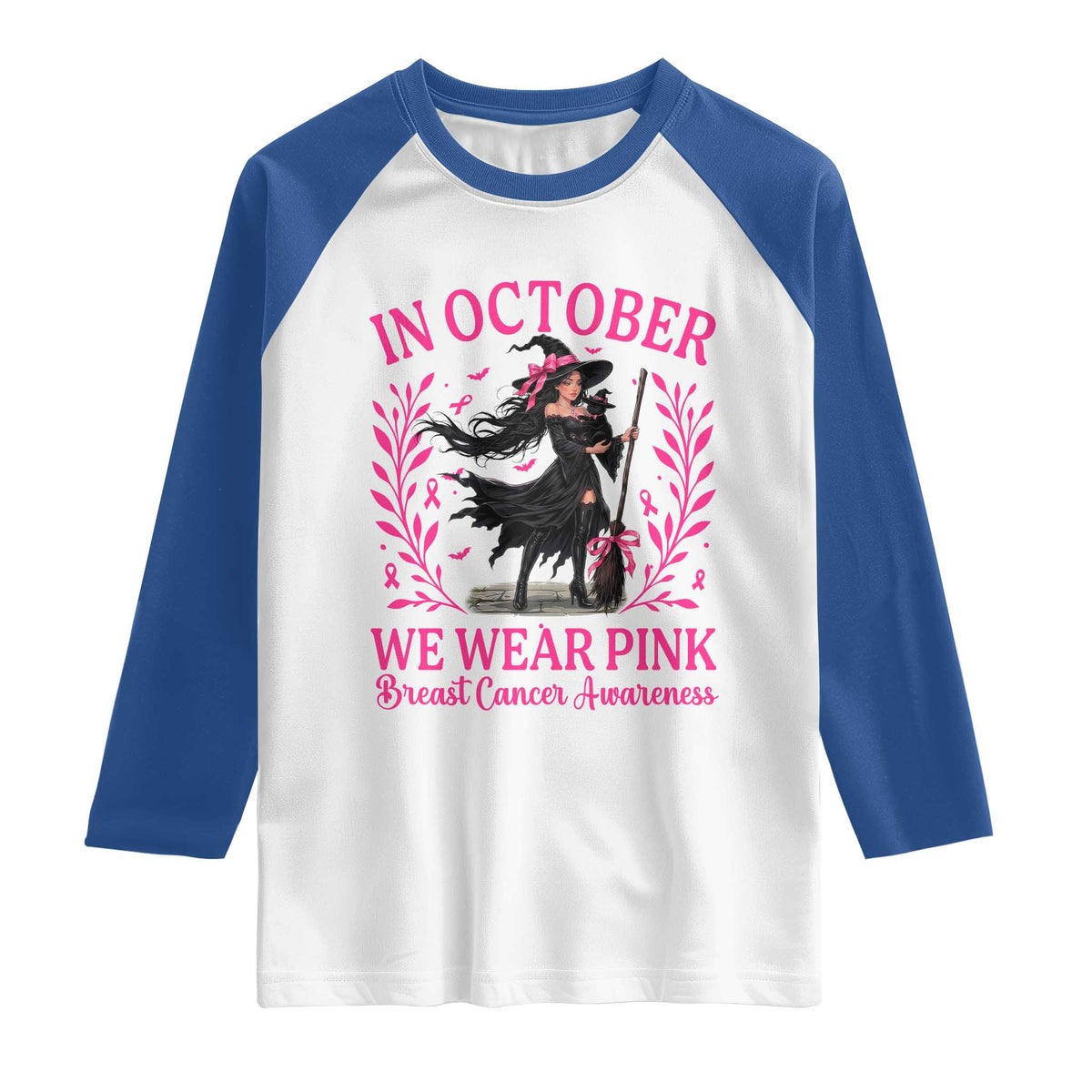 Breast Cancer Halloween Witch Raglan Shirt In October We Wear Pink