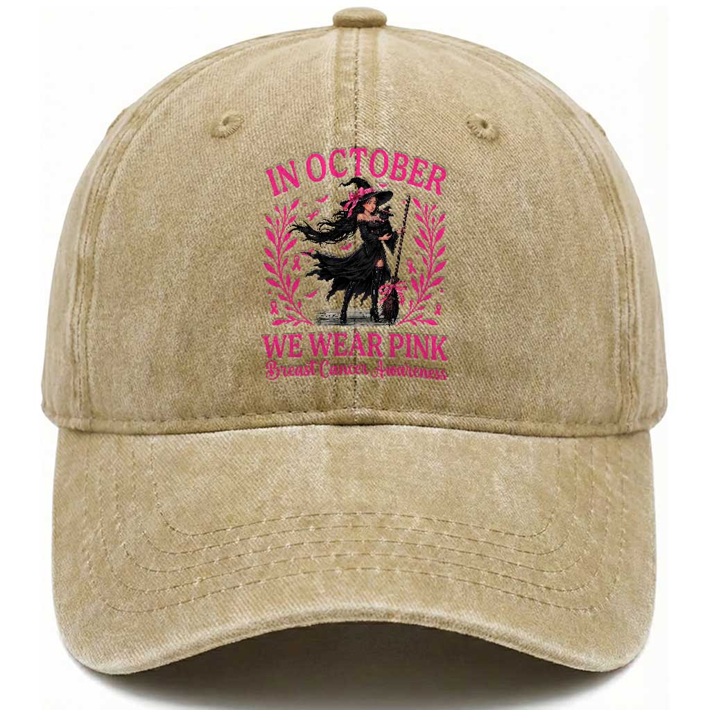 Breast Cancer Halloween Witch Washed Cotton Baseball Cap In October We Wear Pink