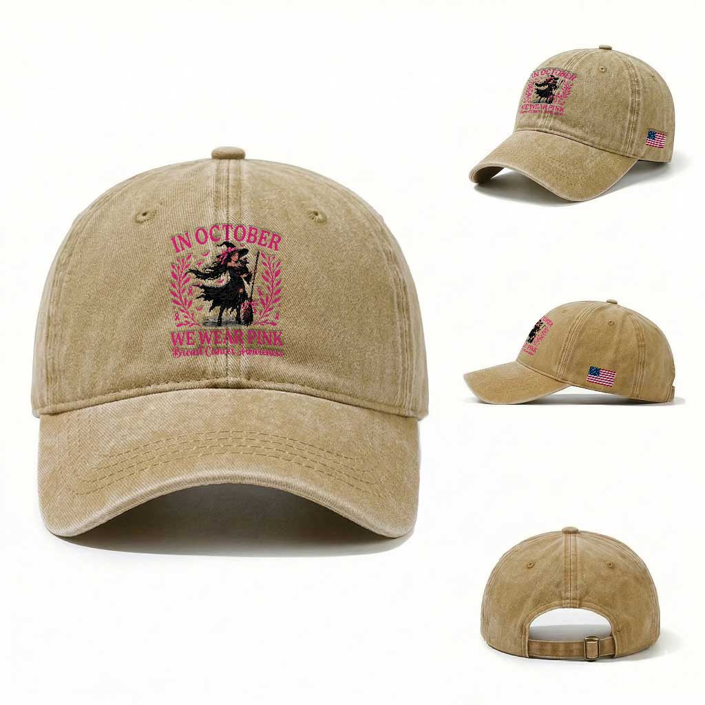 Breast Cancer Halloween Witch Washed Cotton Baseball Cap In October We Wear Pink