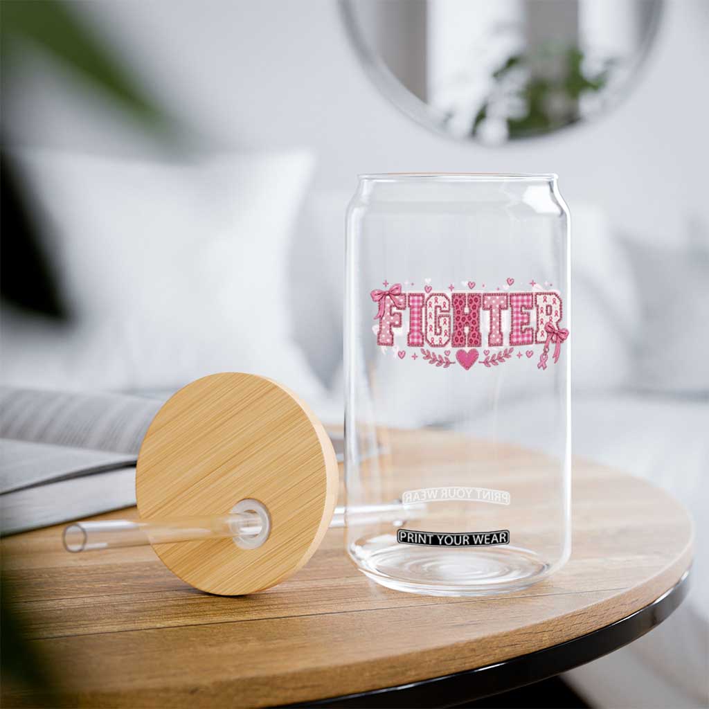 Breast Cancer Fighter Support Glass Can Pink Coquette Bow Ribbon Strength