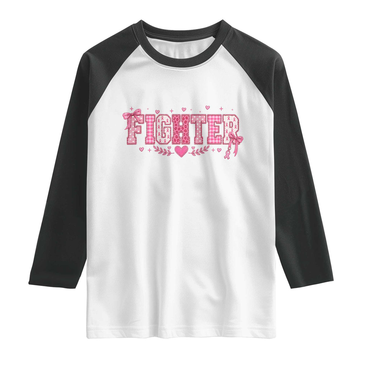 Breast Cancer Fighter Support Raglan Shirt Pink Coquette Bow Ribbon Strength