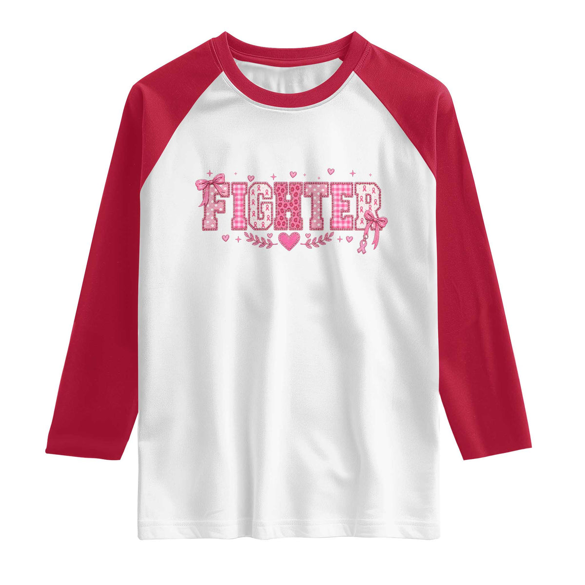Breast Cancer Fighter Support Raglan Shirt Pink Coquette Bow Ribbon Strength