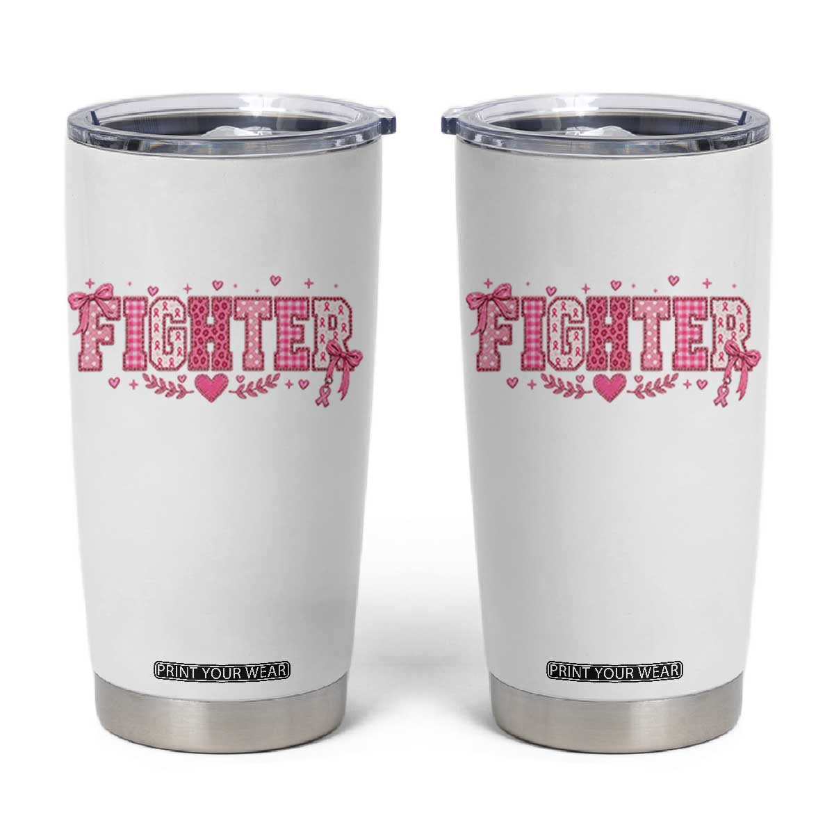 Breast Cancer Fighter Support Tumbler Cup Pink Coquette Bow Ribbon Strength