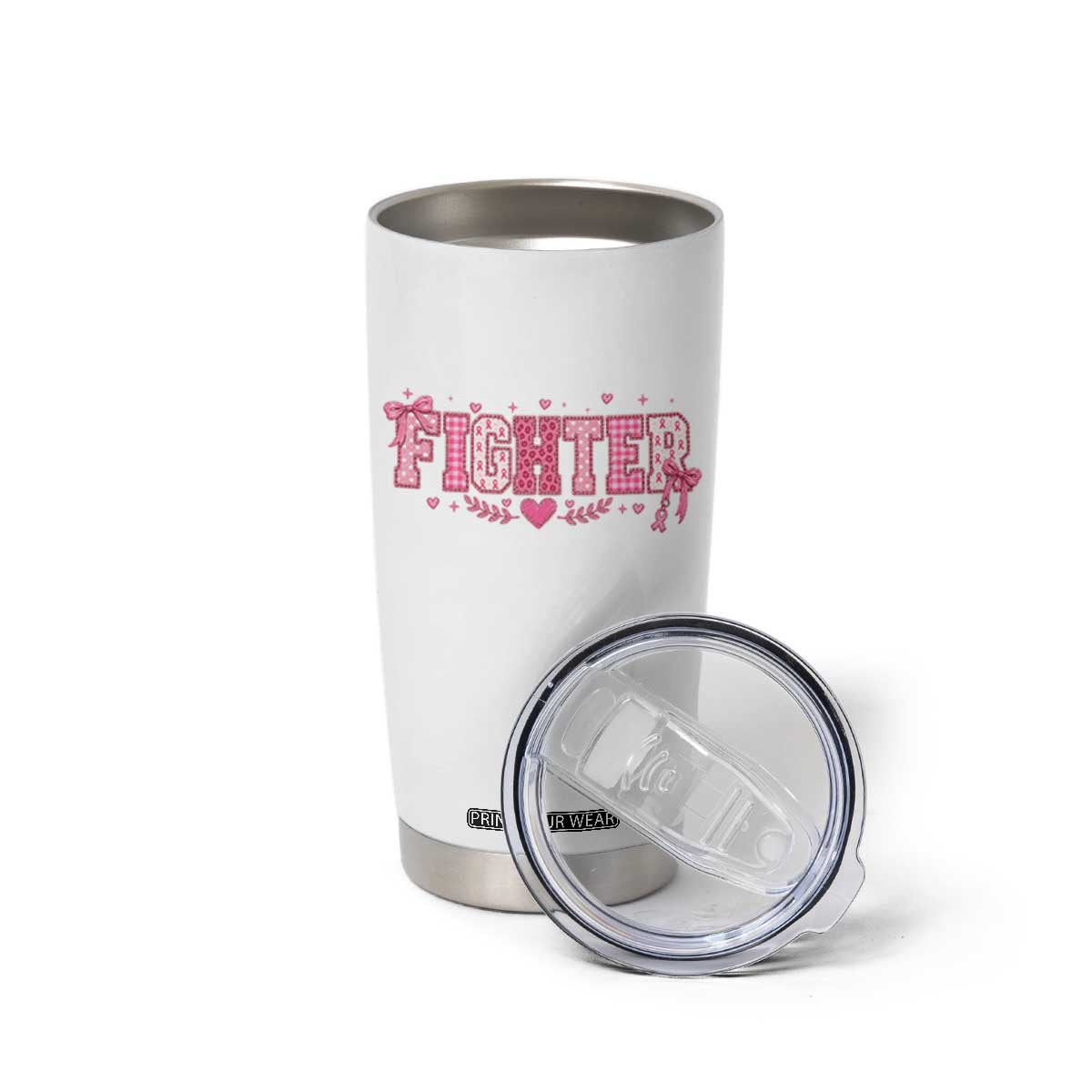 Breast Cancer Fighter Support Tumbler Cup Pink Coquette Bow Ribbon Strength
