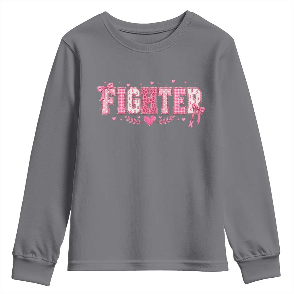 Breast Cancer Fighter Support Youth Sweatshirt Pink Coquette Bow Ribbon Strength