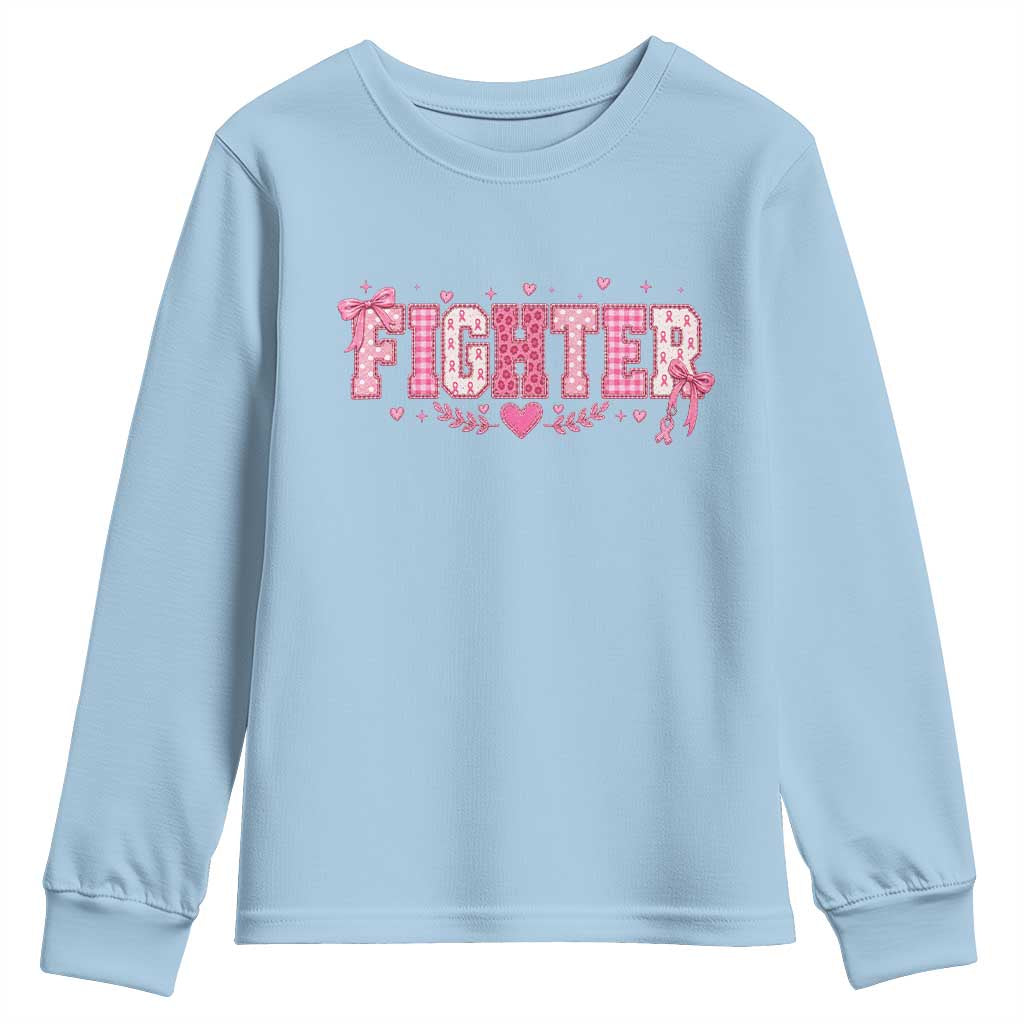 Breast Cancer Fighter Support Youth Sweatshirt Pink Coquette Bow Ribbon Strength