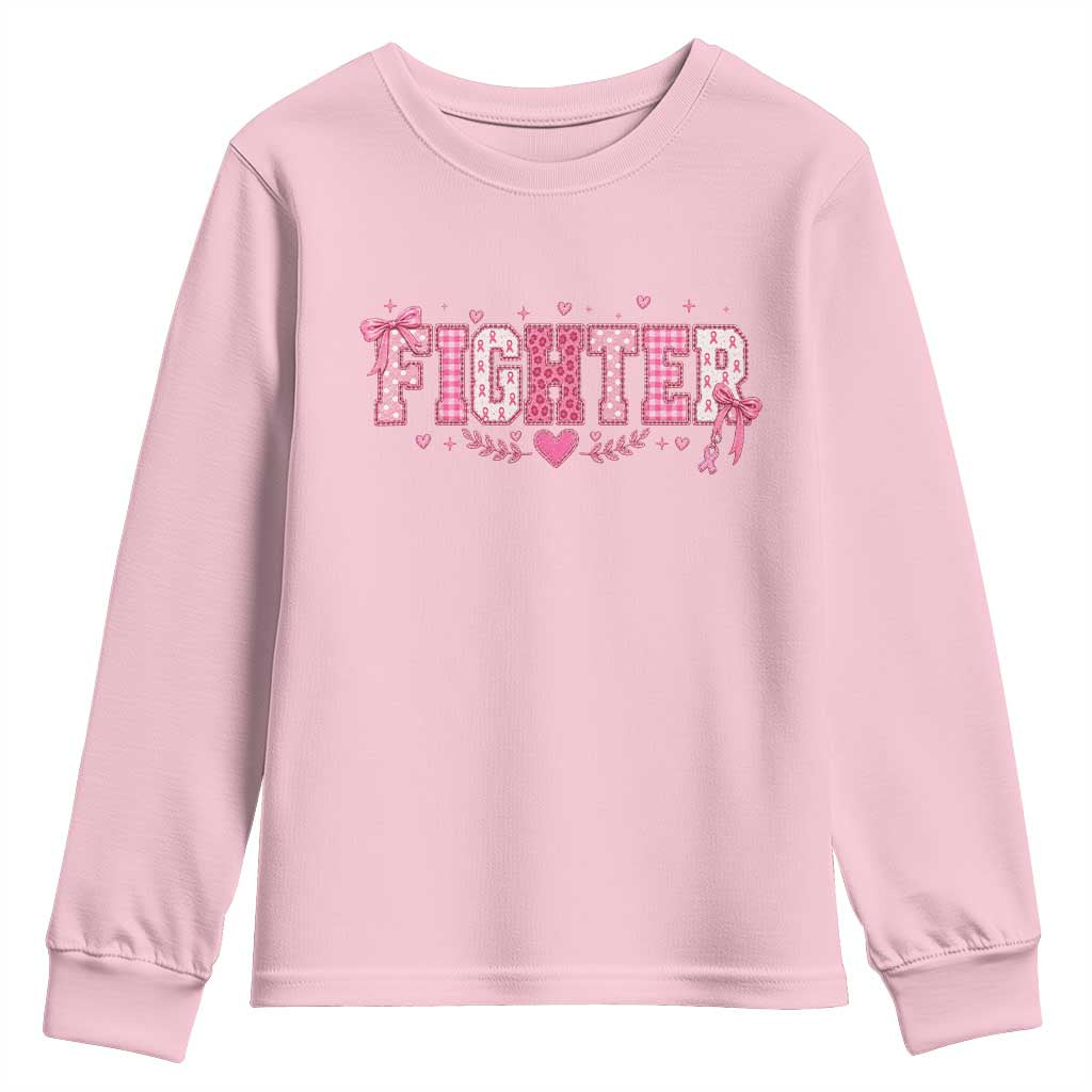 Breast Cancer Fighter Support Youth Sweatshirt Pink Coquette Bow Ribbon Strength