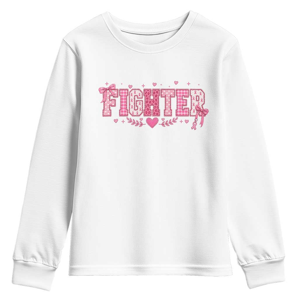 Breast Cancer Fighter Support Youth Sweatshirt Pink Coquette Bow Ribbon Strength