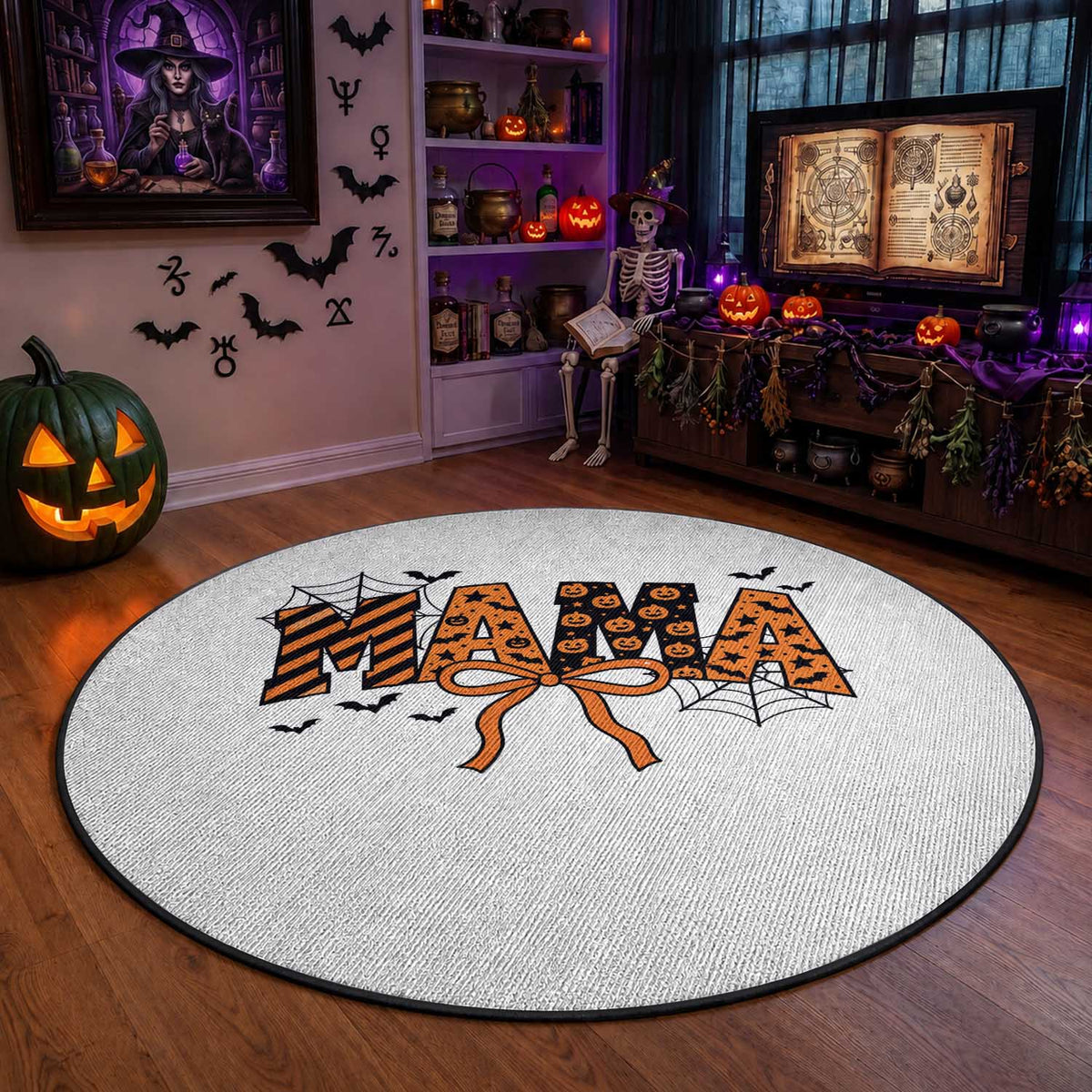Halloween Mama Round Rug Funny Spooky Coquette Bow Autumn Party