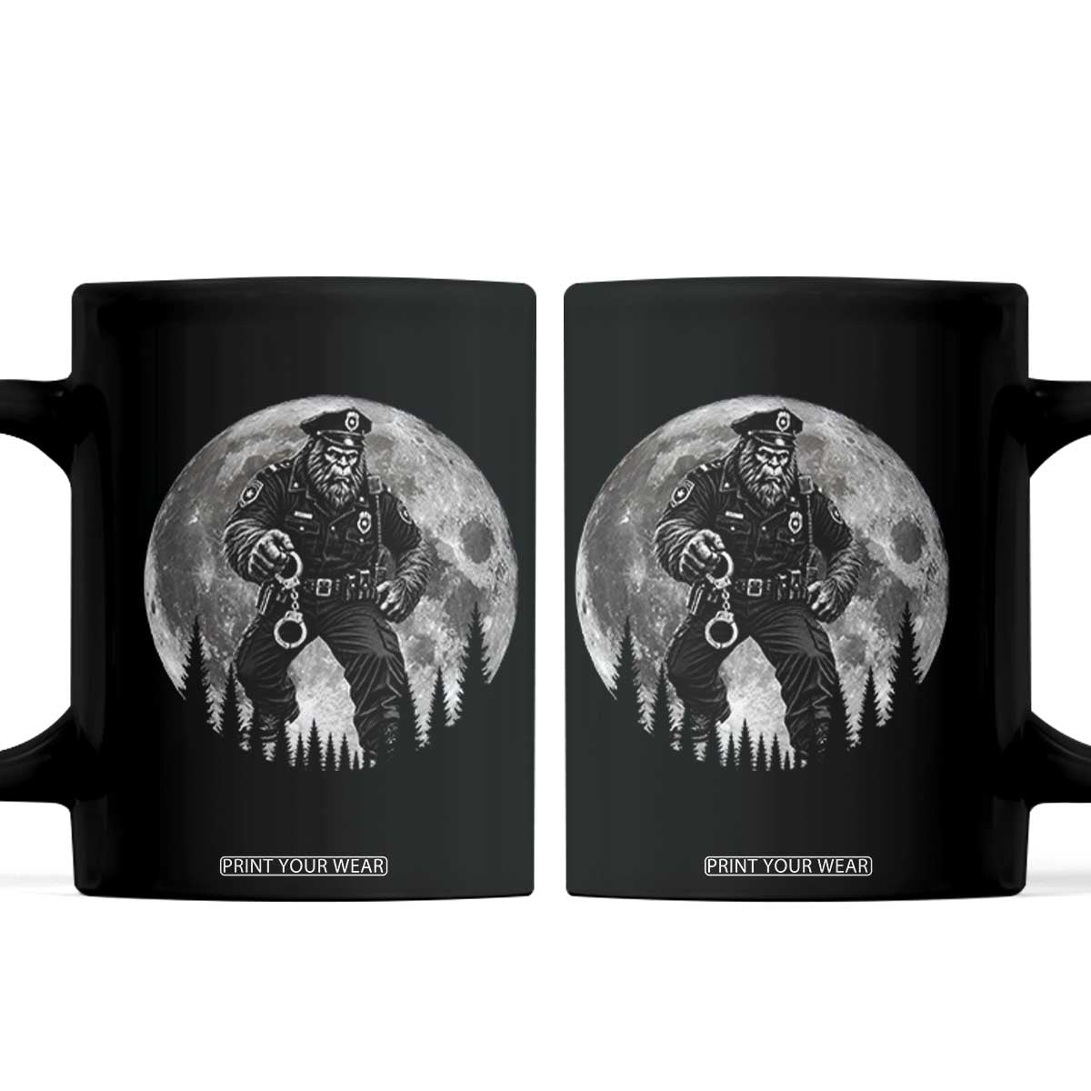 Funny Bigfoot Police Coffee Mug Handcuffing Sasquatch Under The Full Moon