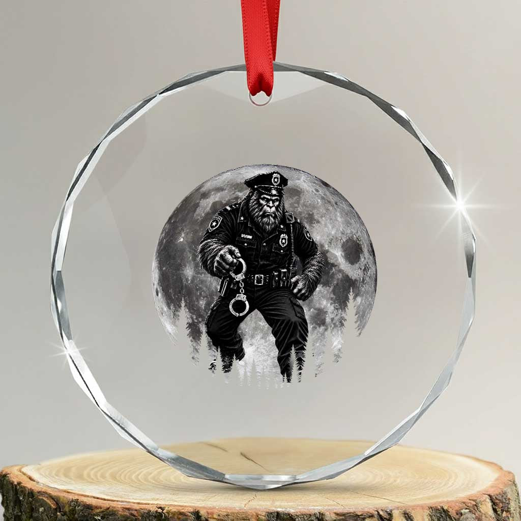 Funny Bigfoot Police Crystal Glass Ornament Handcuffing Sasquatch Under The Full Moon