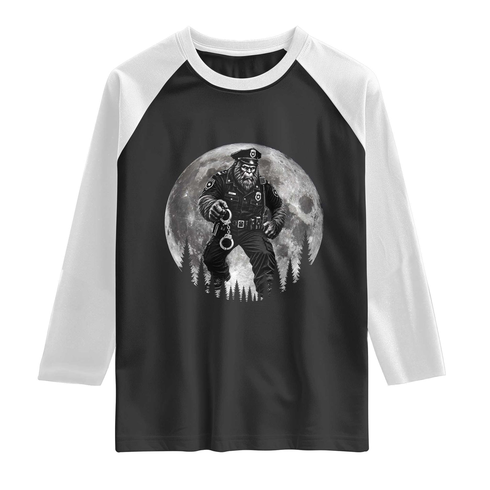 Funny Bigfoot Police Raglan Shirt Handcuffing Sasquatch Under The Full Moon