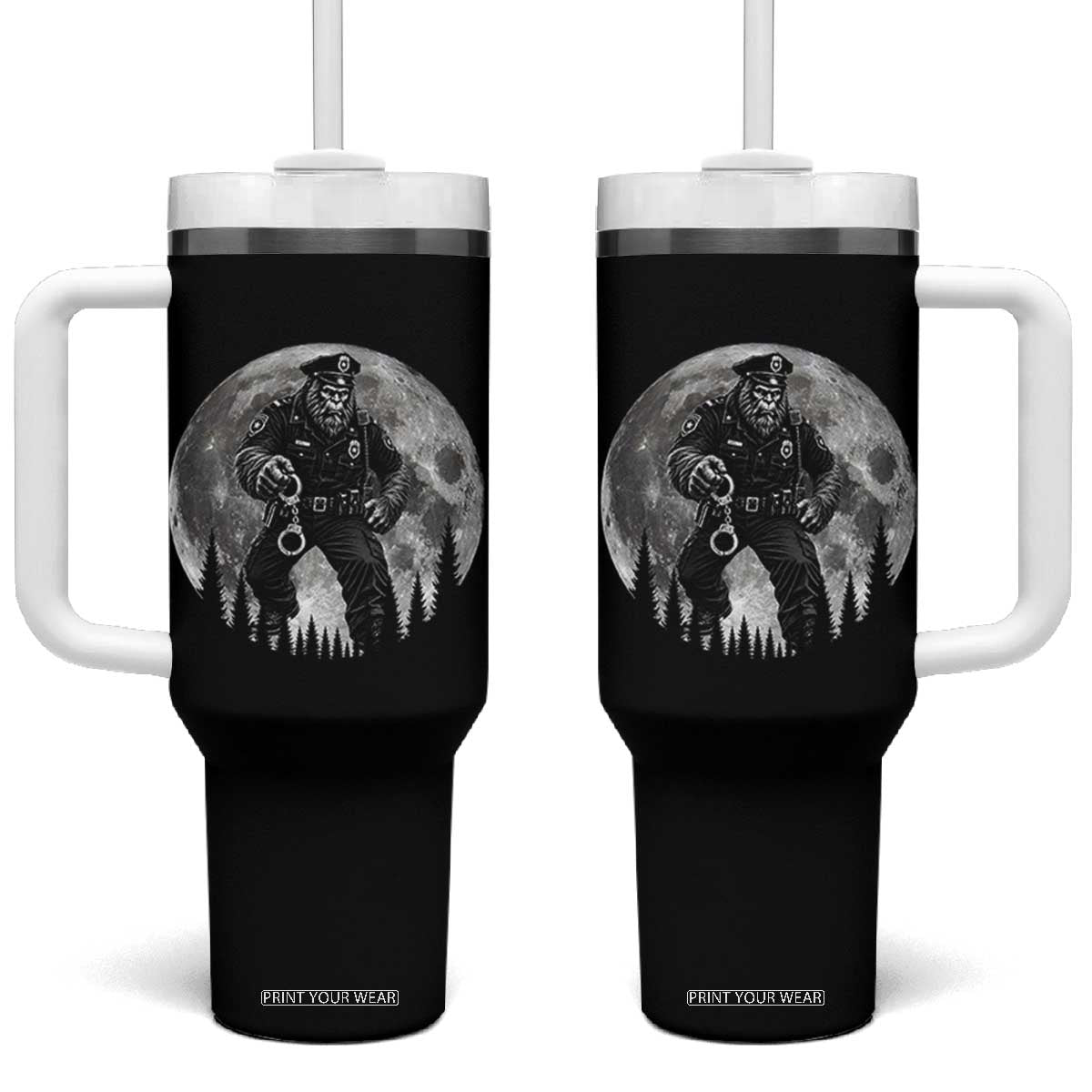 Funny Bigfoot Police Tumbler With Handle Handcuffing Sasquatch Under The Full Moon