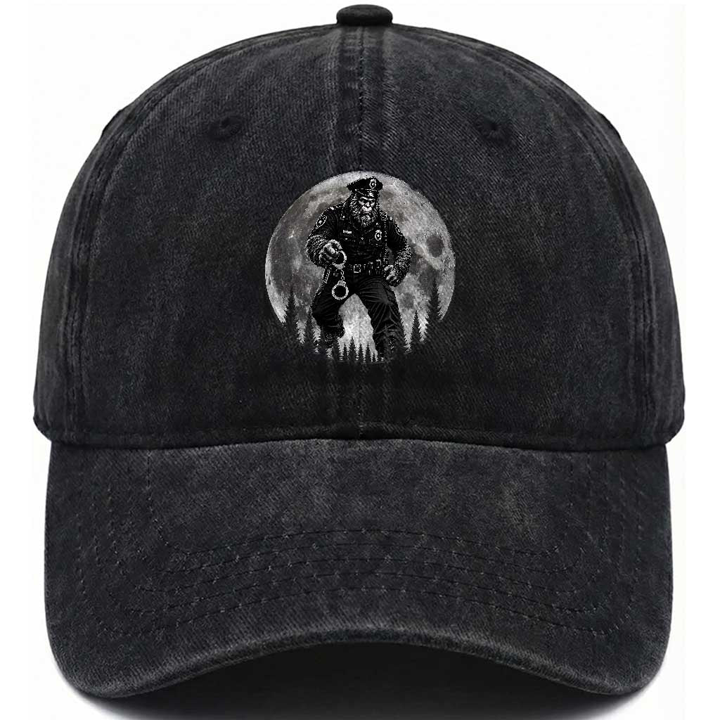 Funny Bigfoot Police Washed Cotton Baseball Cap Handcuffing Sasquatch Under The Full Moon