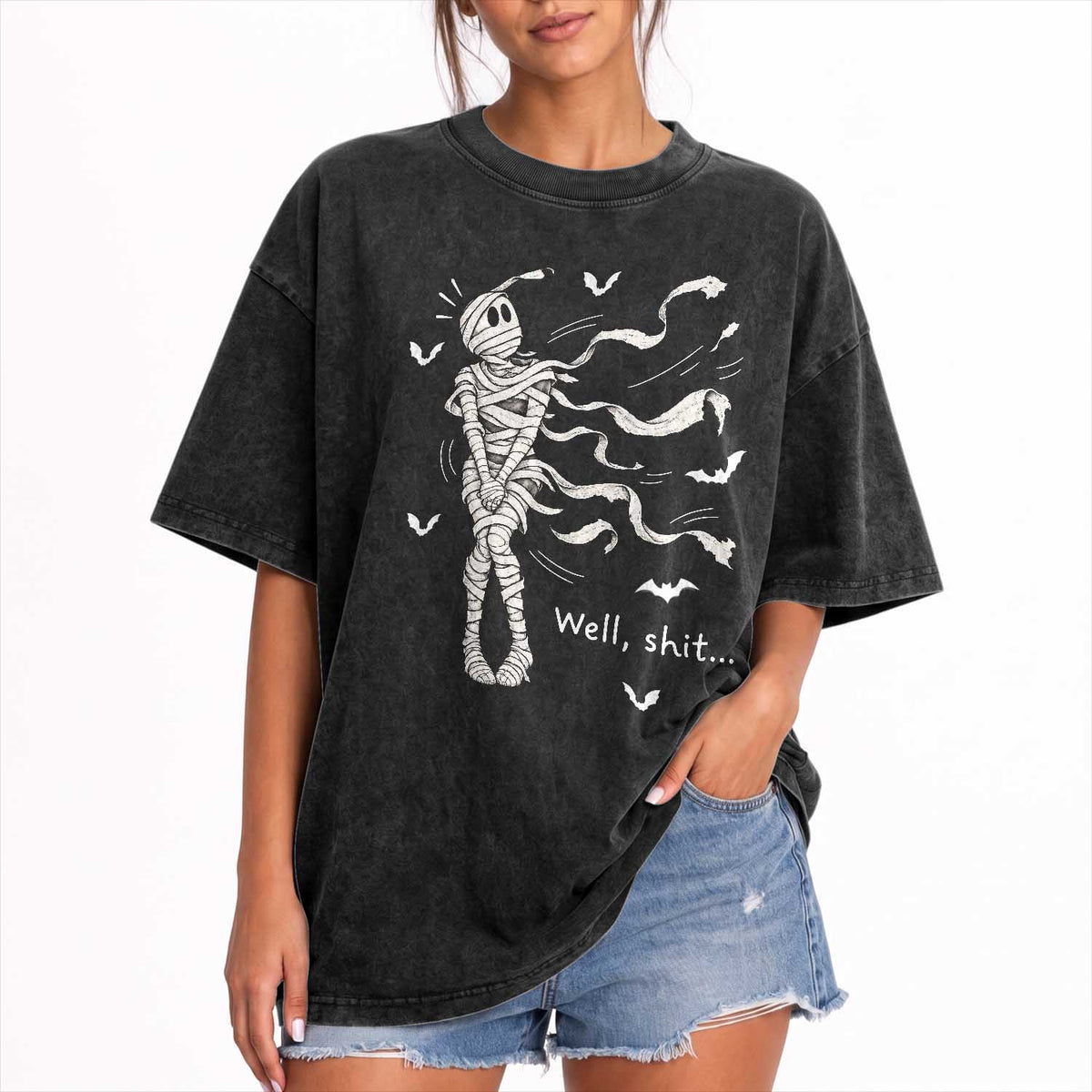 Funny Halloween Mummy Washed Cotton T-Shirt Well Shit Wind Blown Bandages