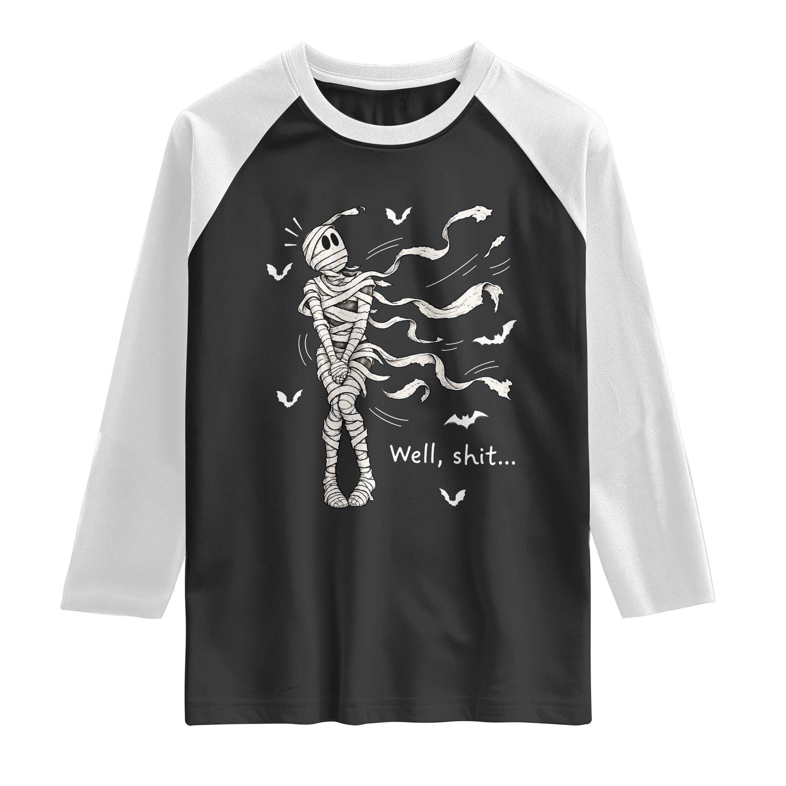 Funny Halloween Mummy Raglan Shirt Well Shit Wind Blown Bandages