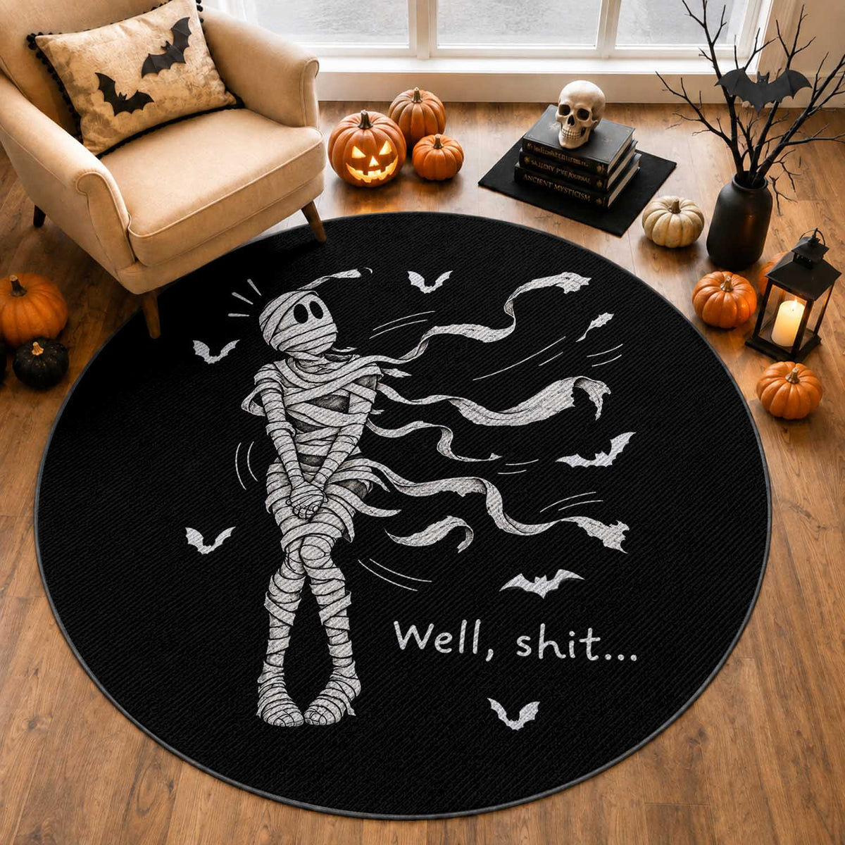Funny Halloween Mummy Round Rug Well Shit Wind Blown Bandages