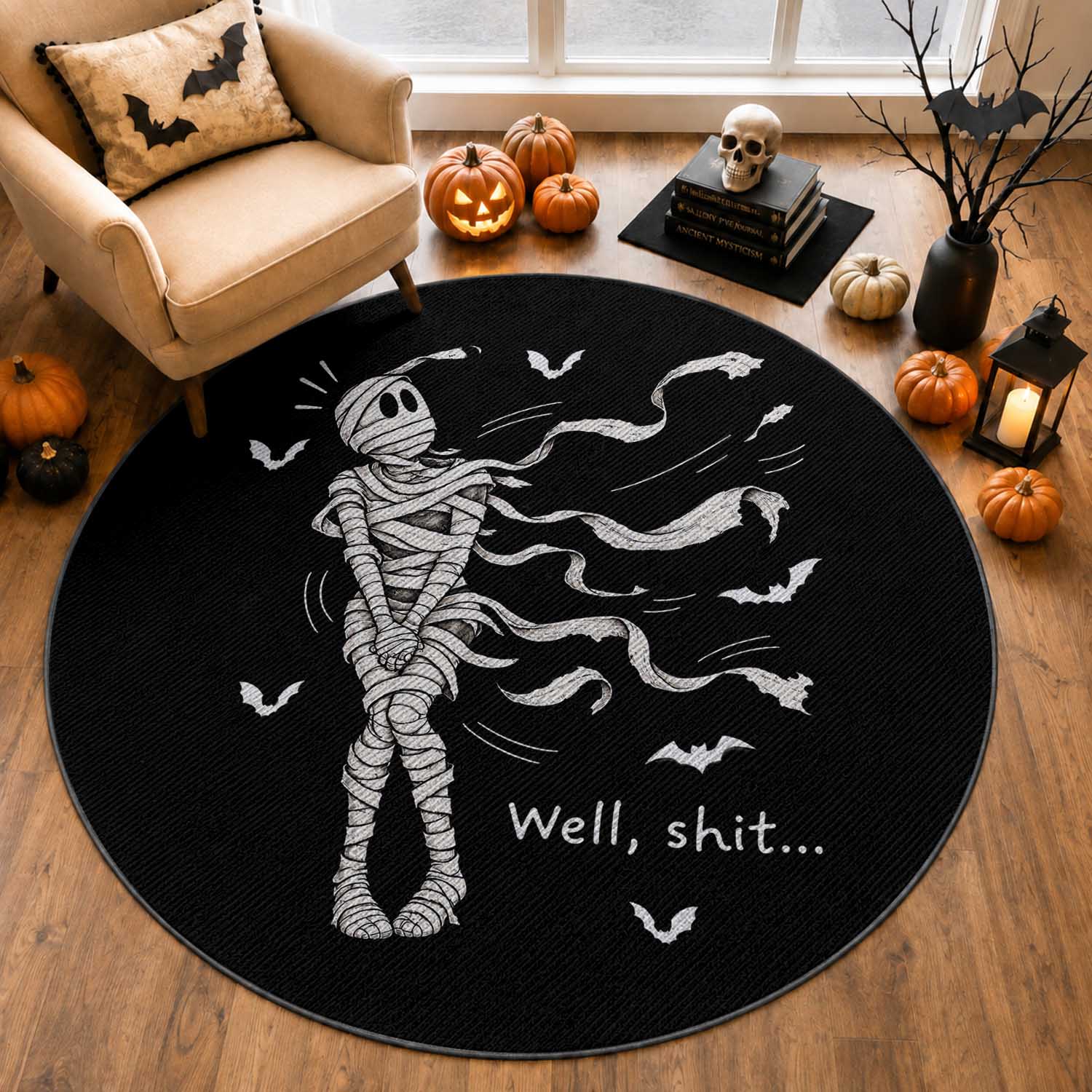 Funny Halloween Mummy Round Rug Well Shit Wind Blown Bandages
