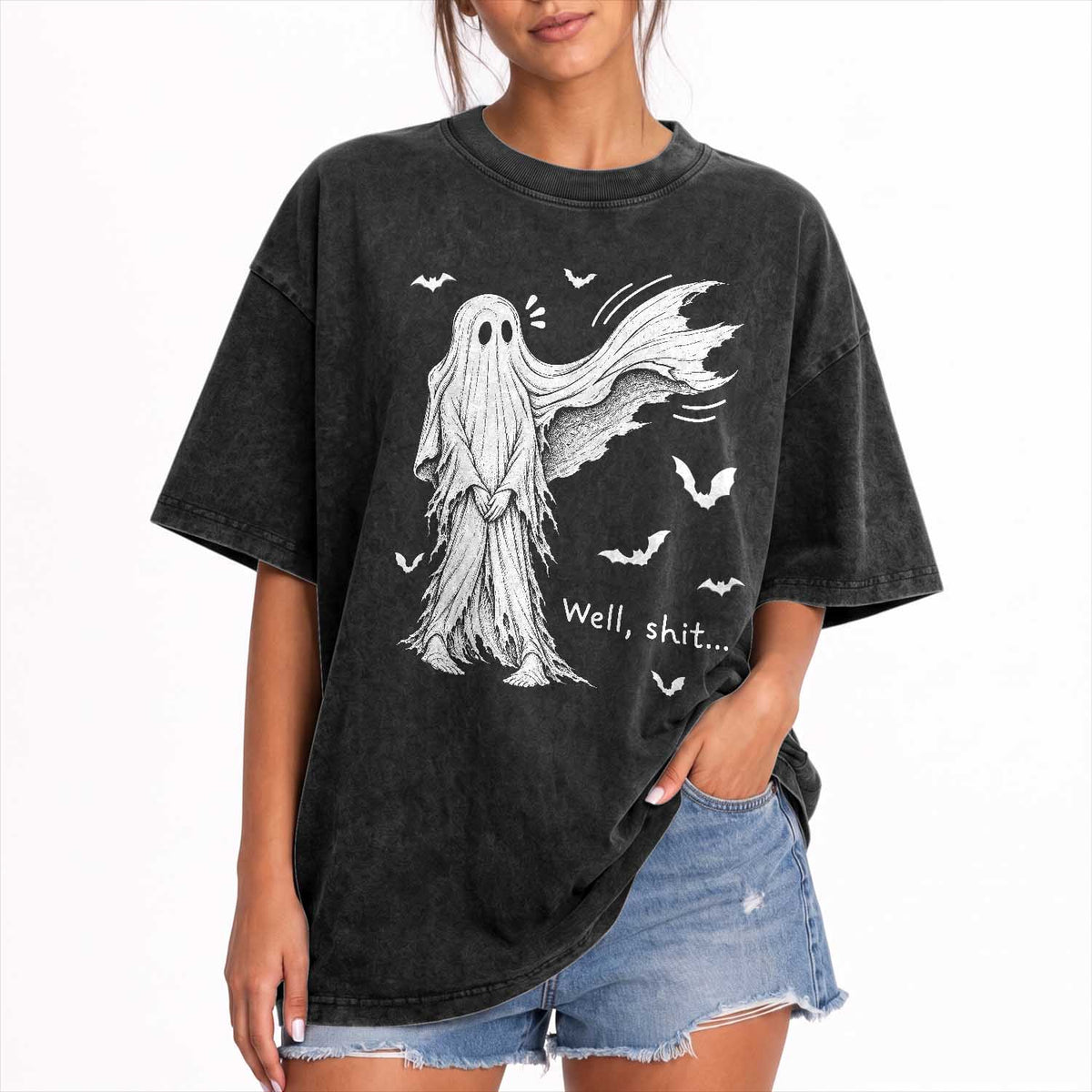 Funny Halloween Ghost Well Shit Wind Blown Sheet Washed Cotton T-Shirt