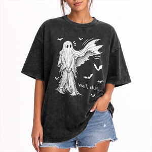 Funny Halloween Ghost Well Shit Wind Blown Sheet Washed Cotton T-Shirt
