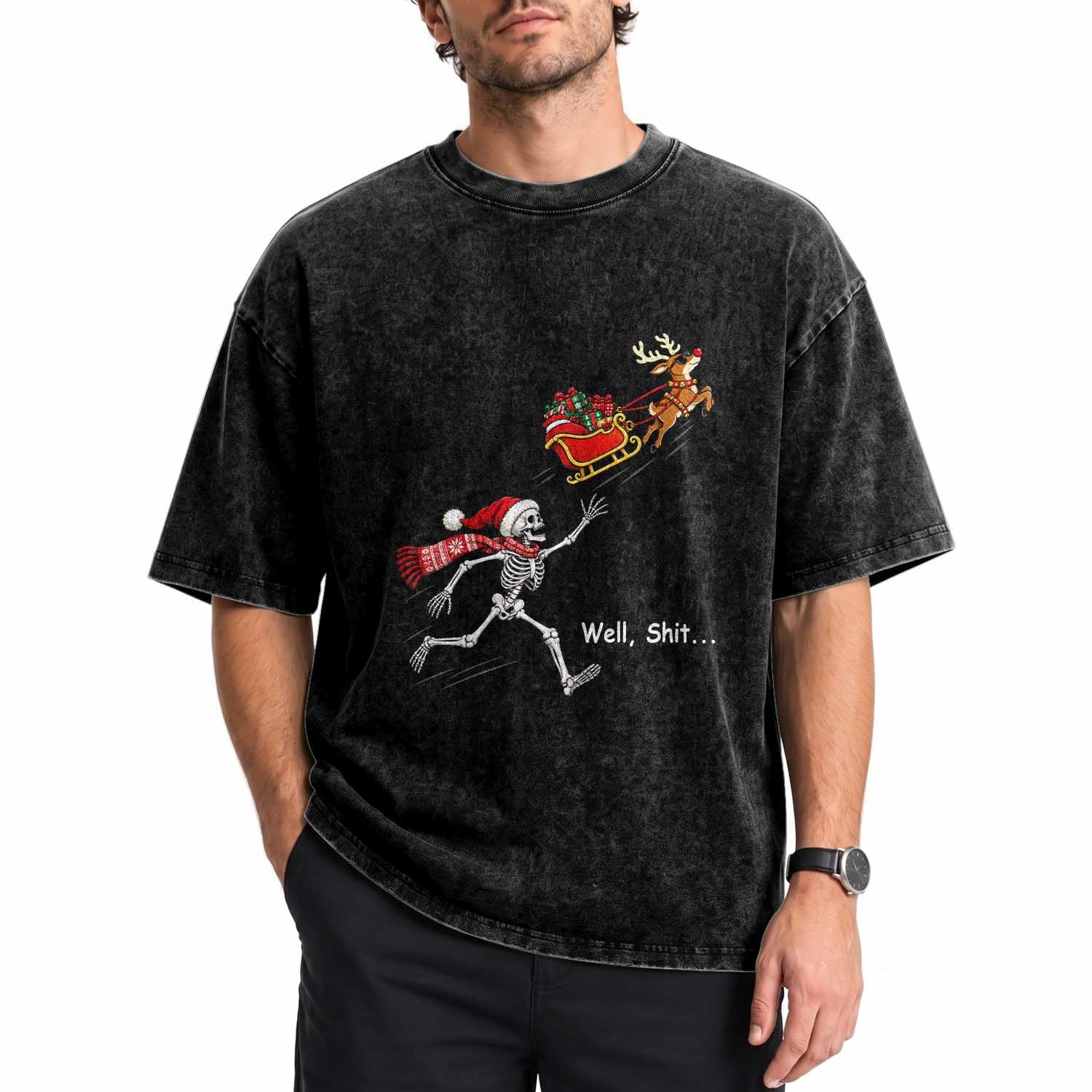 Funny Christmas Santa Skeleton Washed Cotton T-Shirt Well Shit Chasing The Gift Sled