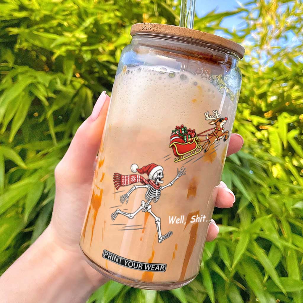 Funny Christmas Santa Skeleton Glass Can Well Shit Chasing The Gift Sled