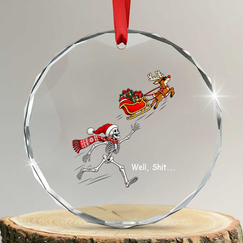 Funny Christmas Santa Skeleton Crystal Glass Ornament Well Shit Chasing The Gift Sled