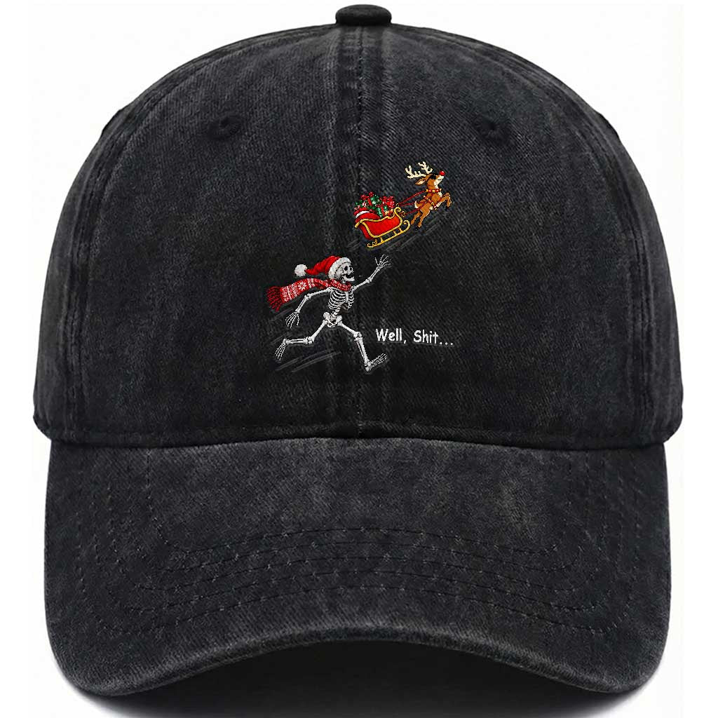 Funny Christmas Santa Skeleton Washed Cotton Baseball Cap Well Shit Chasing The Gift Sled