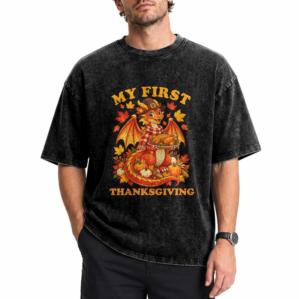 My 1st Thanksgiving Cute Dragon Wearing A Pilgrim Hat Washed Cotton T-Shirt