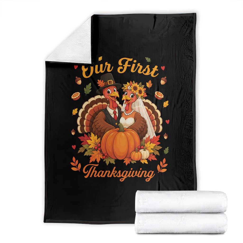 Our First Thanksgiving Newlywed Turkey Couple Throw Blanket Autumn Harvest Celebration