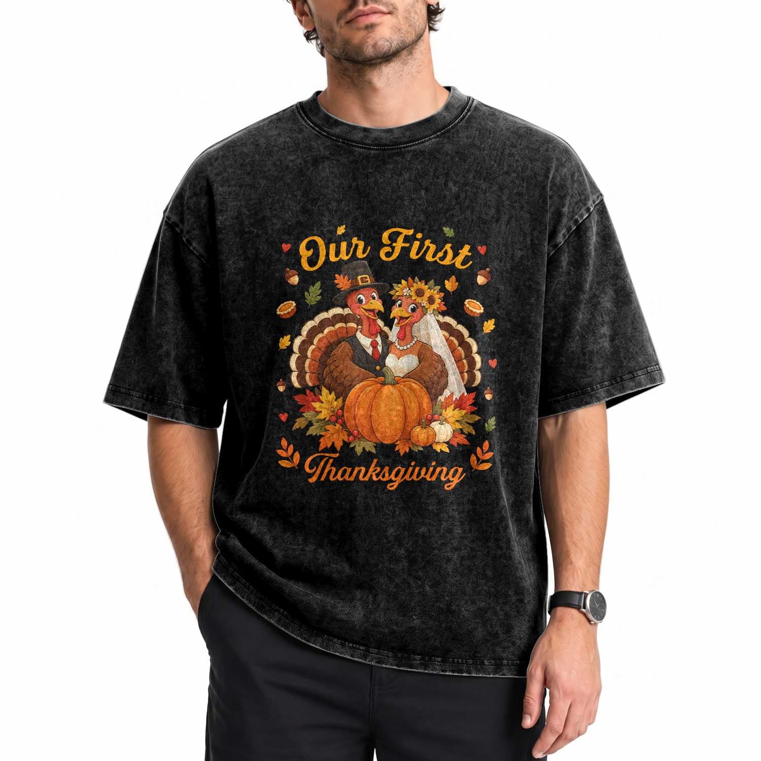 Our First Thanksgiving Newlywed Turkey Couple Washed Cotton T-Shirt Autumn Harvest Celebration