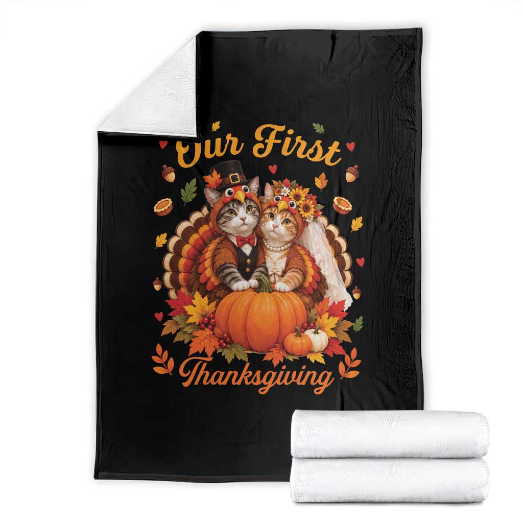 Our First Thanksgiving Newlywed Cat Couple Throw Blanket Autumn Harvest Celebration