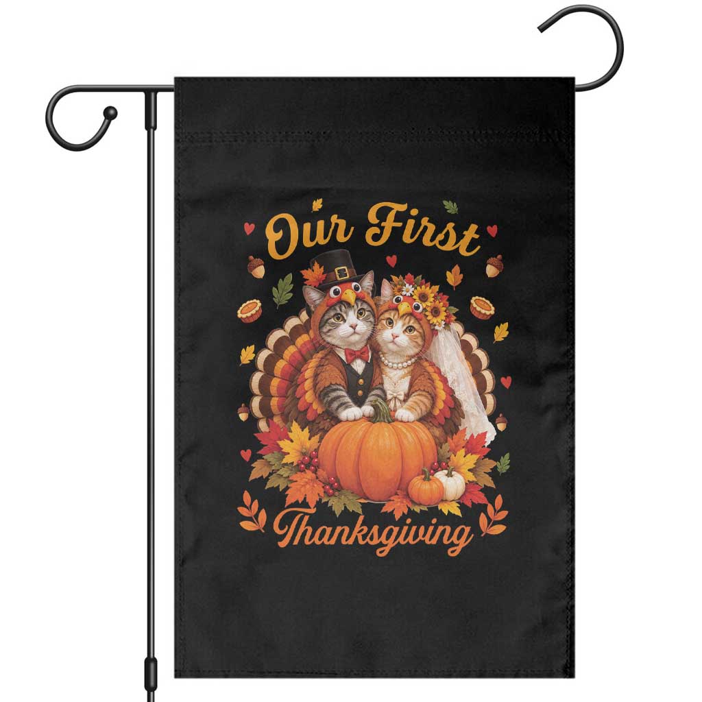 Our First Thanksgiving Newlywed Cat Couple Garden Flag Autumn Harvest Celebration
