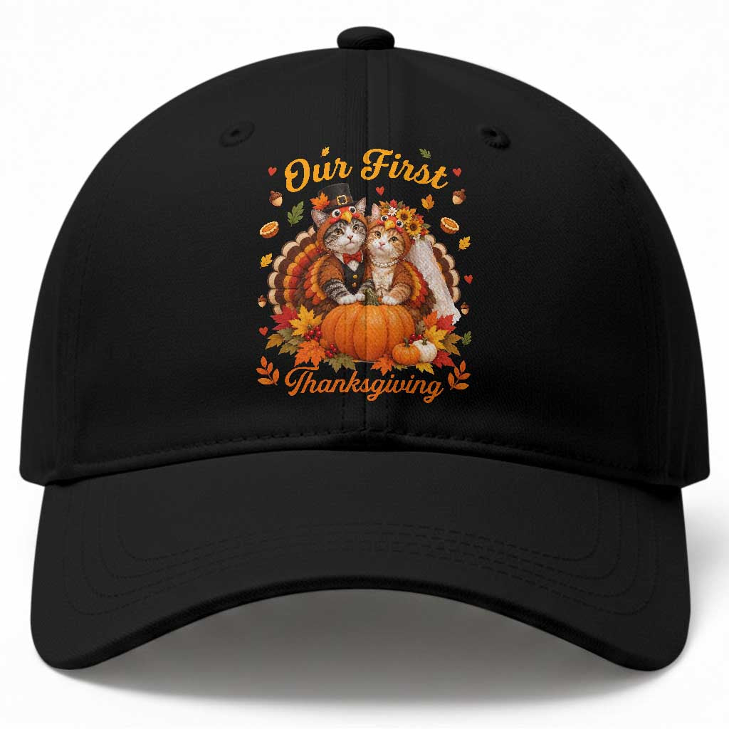 Our First Thanksgiving Newlywed Cat Couple Baseball Cap Autumn Harvest Celebration