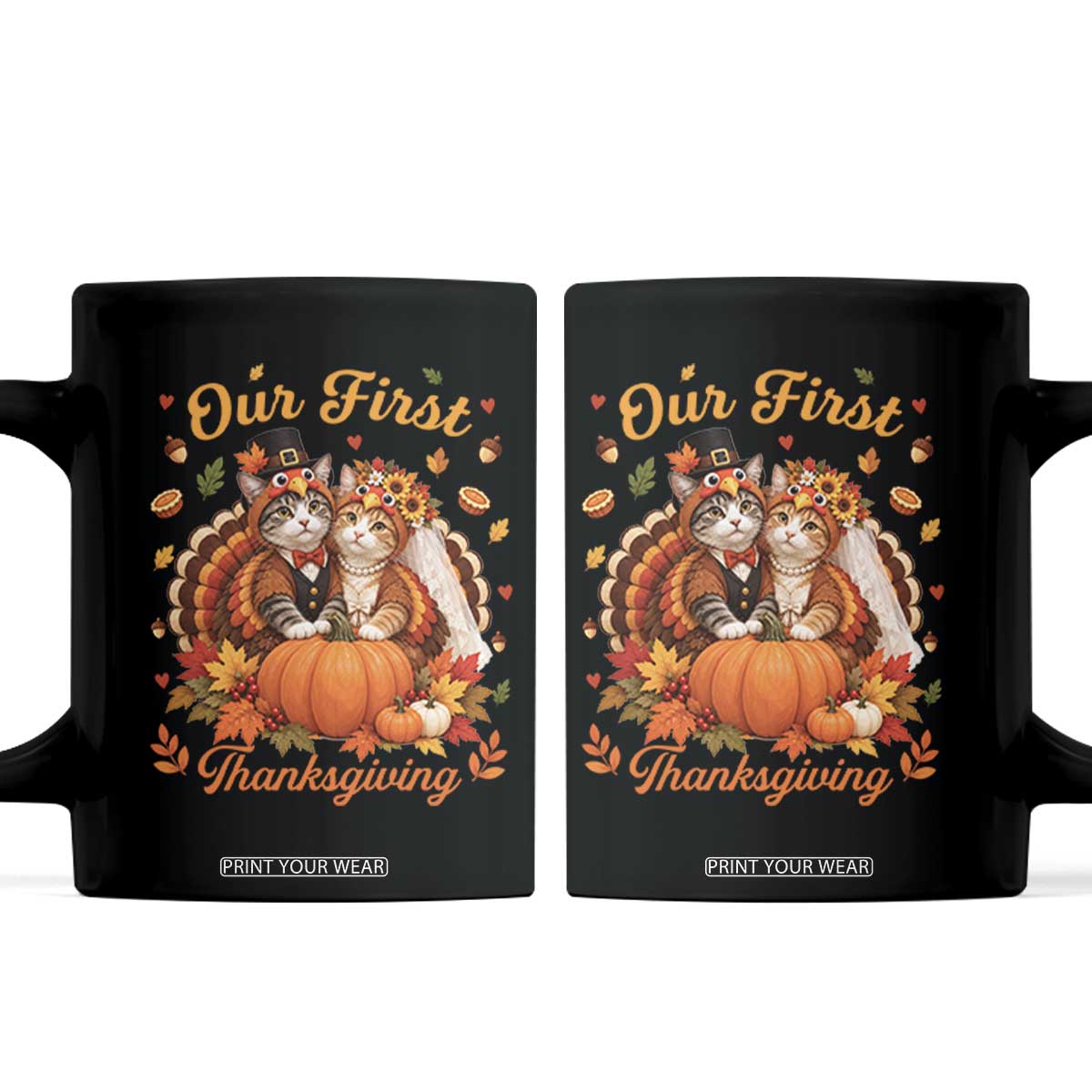 Our First Thanksgiving Newlywed Cat Couple Coffee Mug Autumn Harvest Celebration