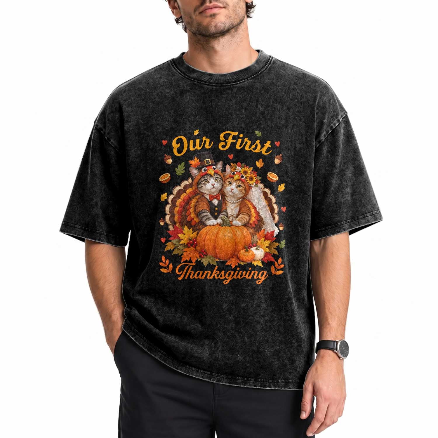 Our First Thanksgiving Newlywed Cat Couple Washed Cotton T-Shirt Autumn Harvest Celebration