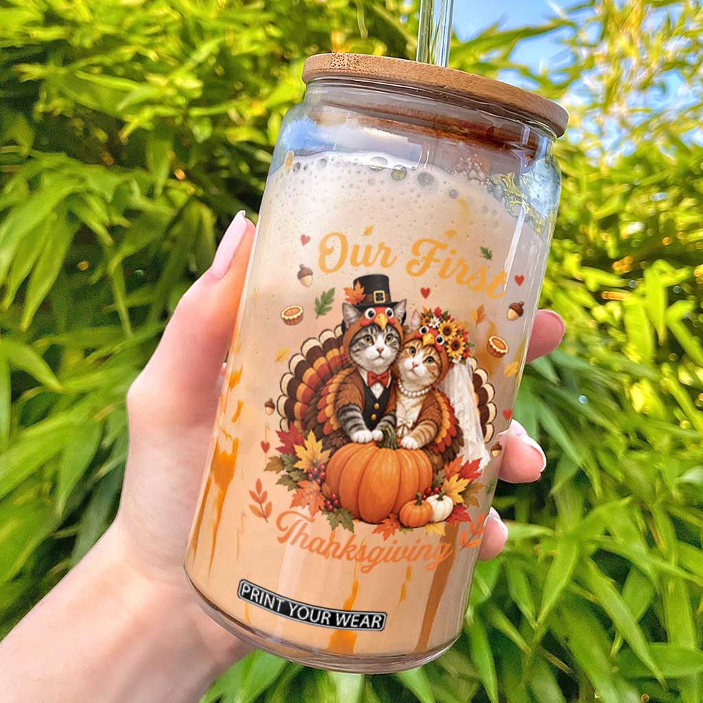 Our First Thanksgiving Newlywed Cat Couple Glass Can Autumn Harvest Celebration