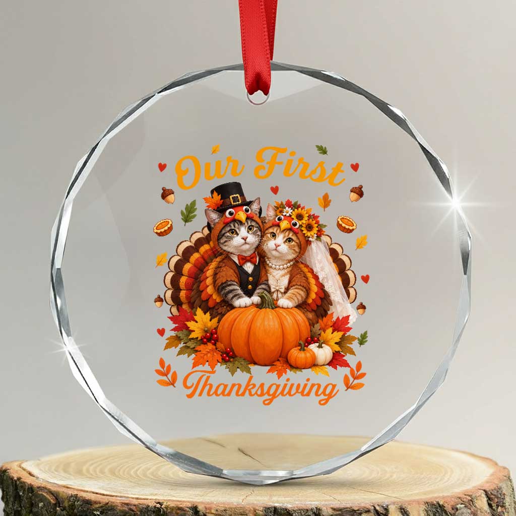 Our First Thanksgiving Newlywed Cat Couple Crystal Glass Ornament Autumn Harvest Celebration