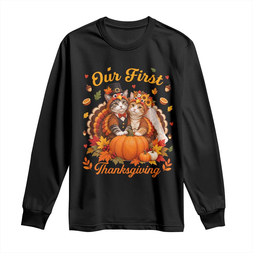 Our First Thanksgiving Newlywed Cat Couple Long Sleeve Shirt Autumn Harvest Celebration