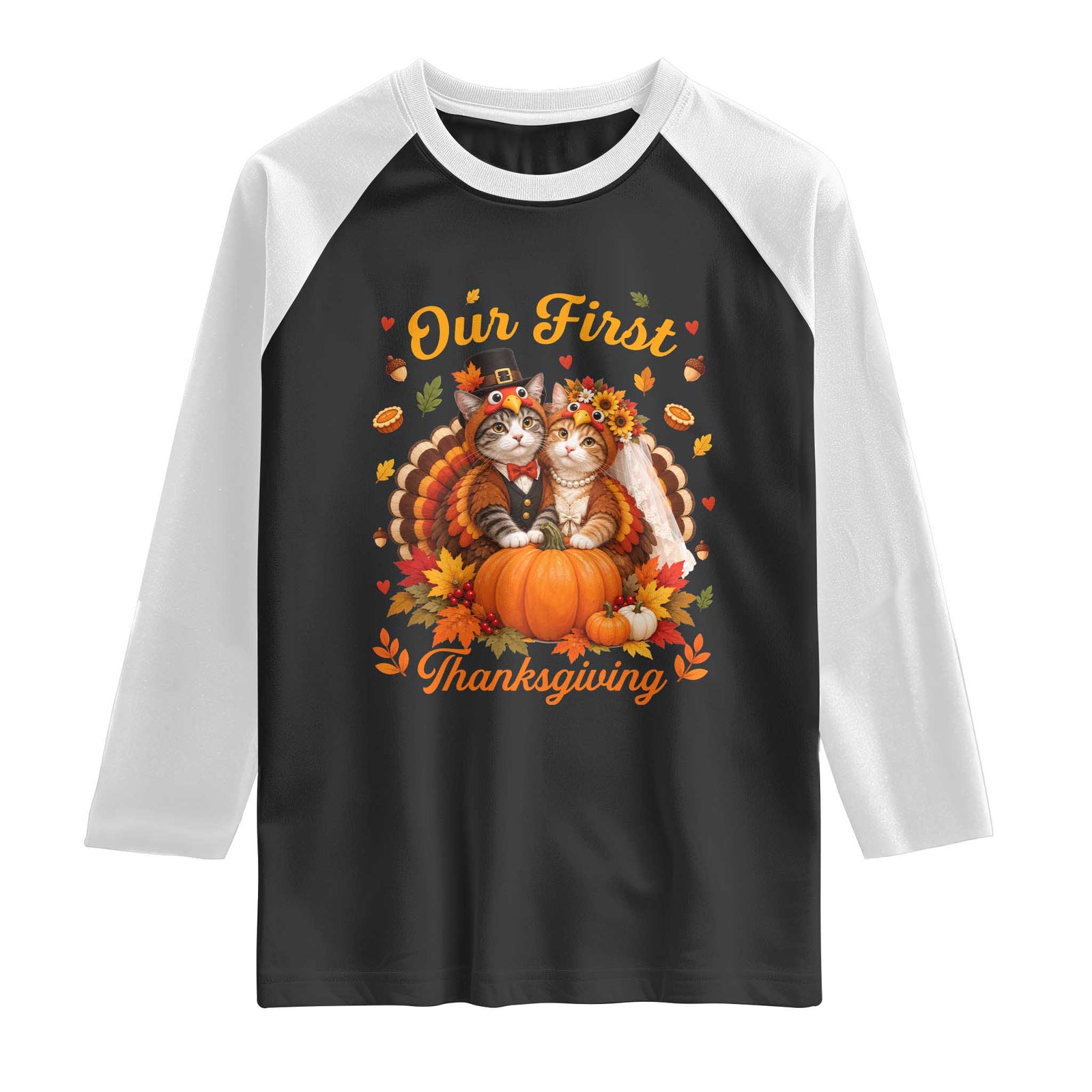 Our First Thanksgiving Newlywed Cat Couple Raglan Shirt Autumn Harvest Celebration