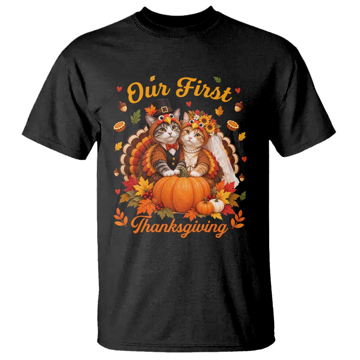 Our First Thanksgiving Newlywed Cat Couple T Shirt Autumn Harvest Celebration