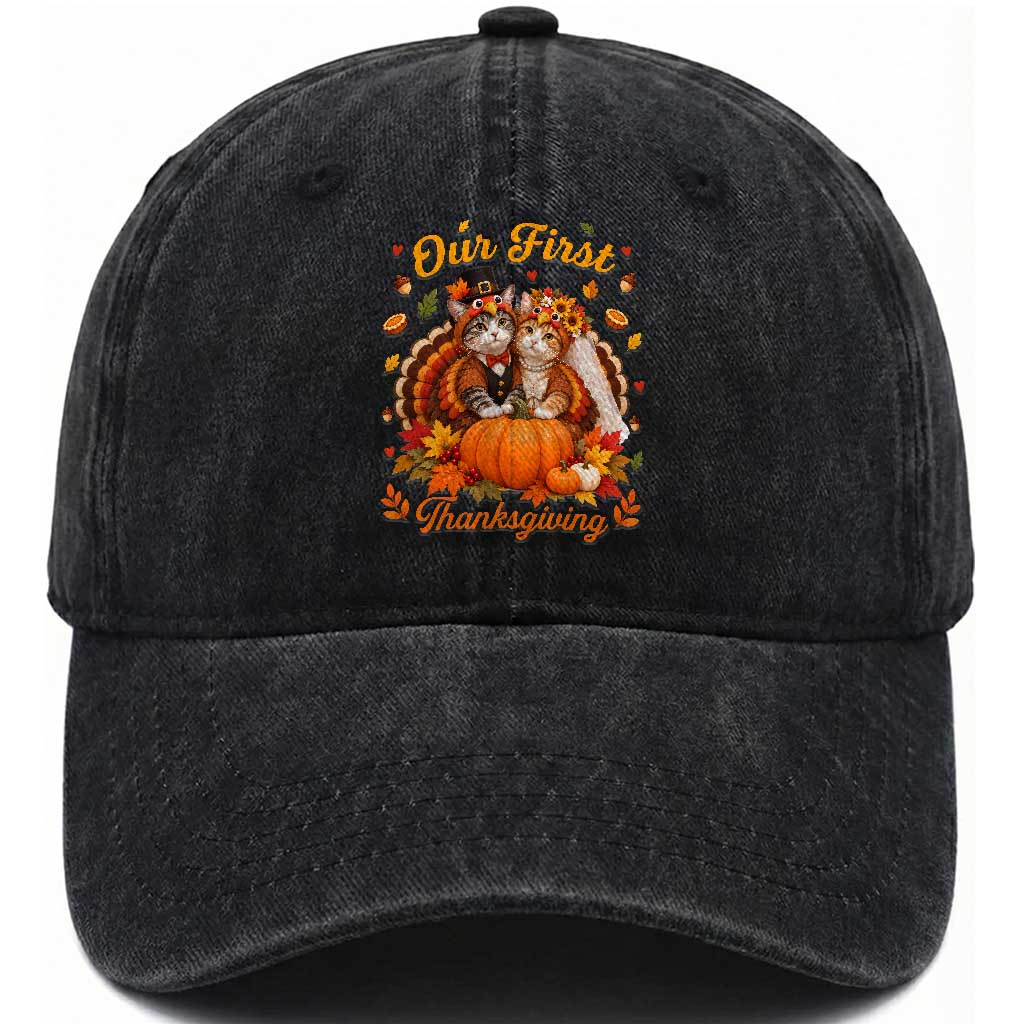 Our First Thanksgiving Newlywed Cat Couple Washed Cotton Baseball Cap Autumn Harvest Celebration