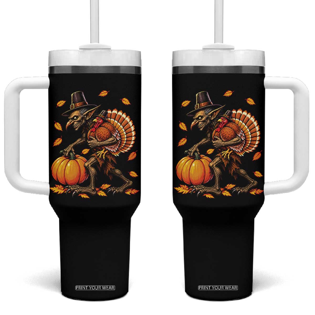 Thanksgiving Goblin Turkey Thief Tumbler With Handle Funny Dark Fantasy Holiday
