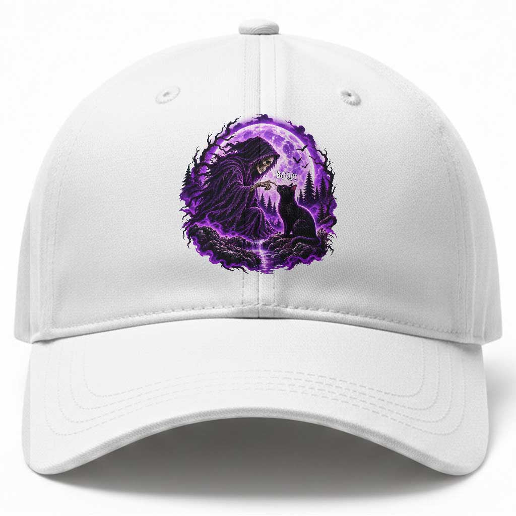 Grim Reaper Black Cat Halloween Baseball Cap Boop Under Full Moon Gothic Gift