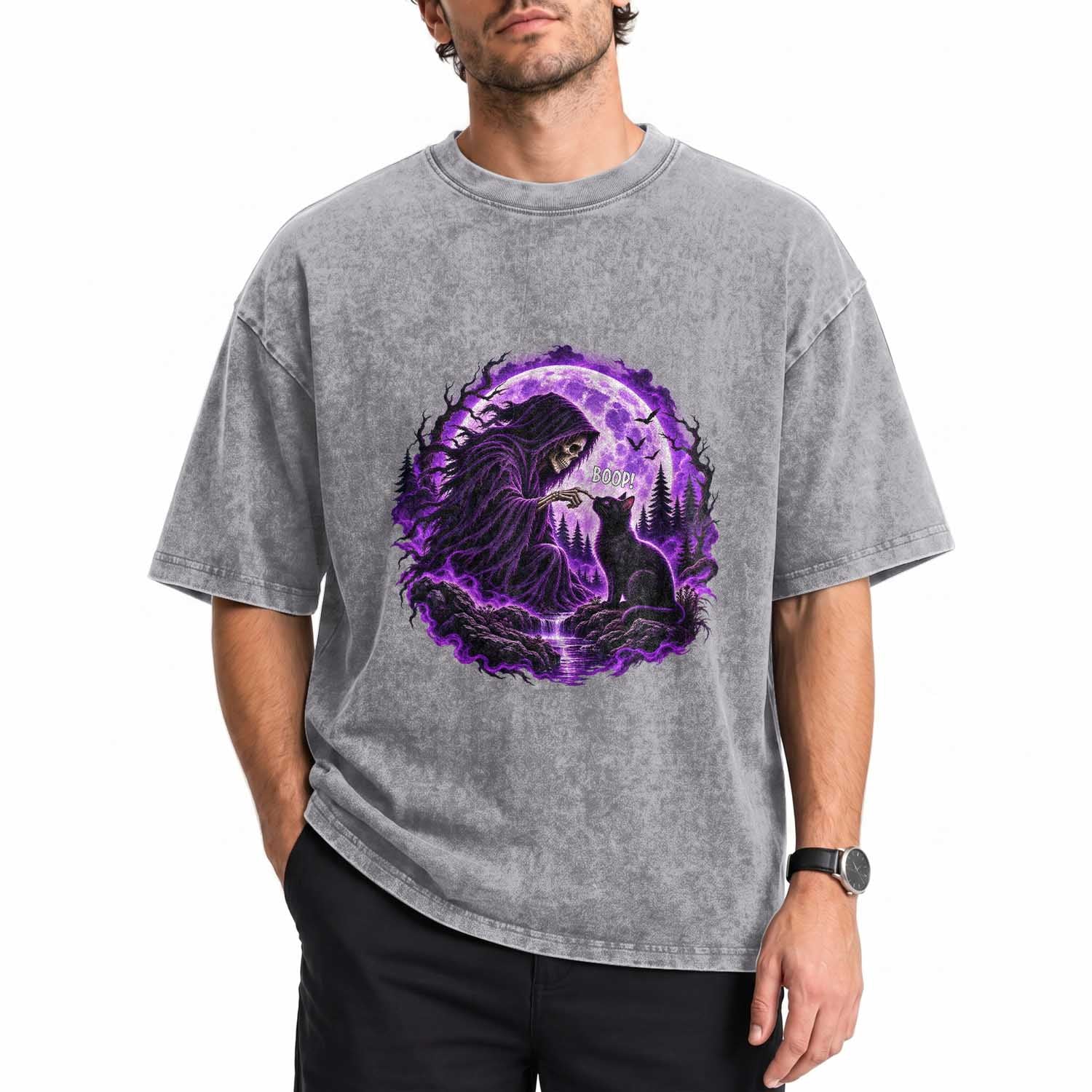 Grim Reaper Black Cat Halloween Washed Cotton T-Shirt Boop Under Full Moon Gothic Gift