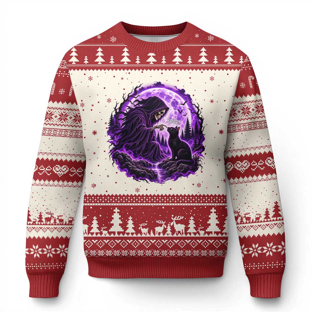 Grim Reaper Black Cat Halloween Ugly Christmas Sweater Boop Under Full Moon Gothic Gift