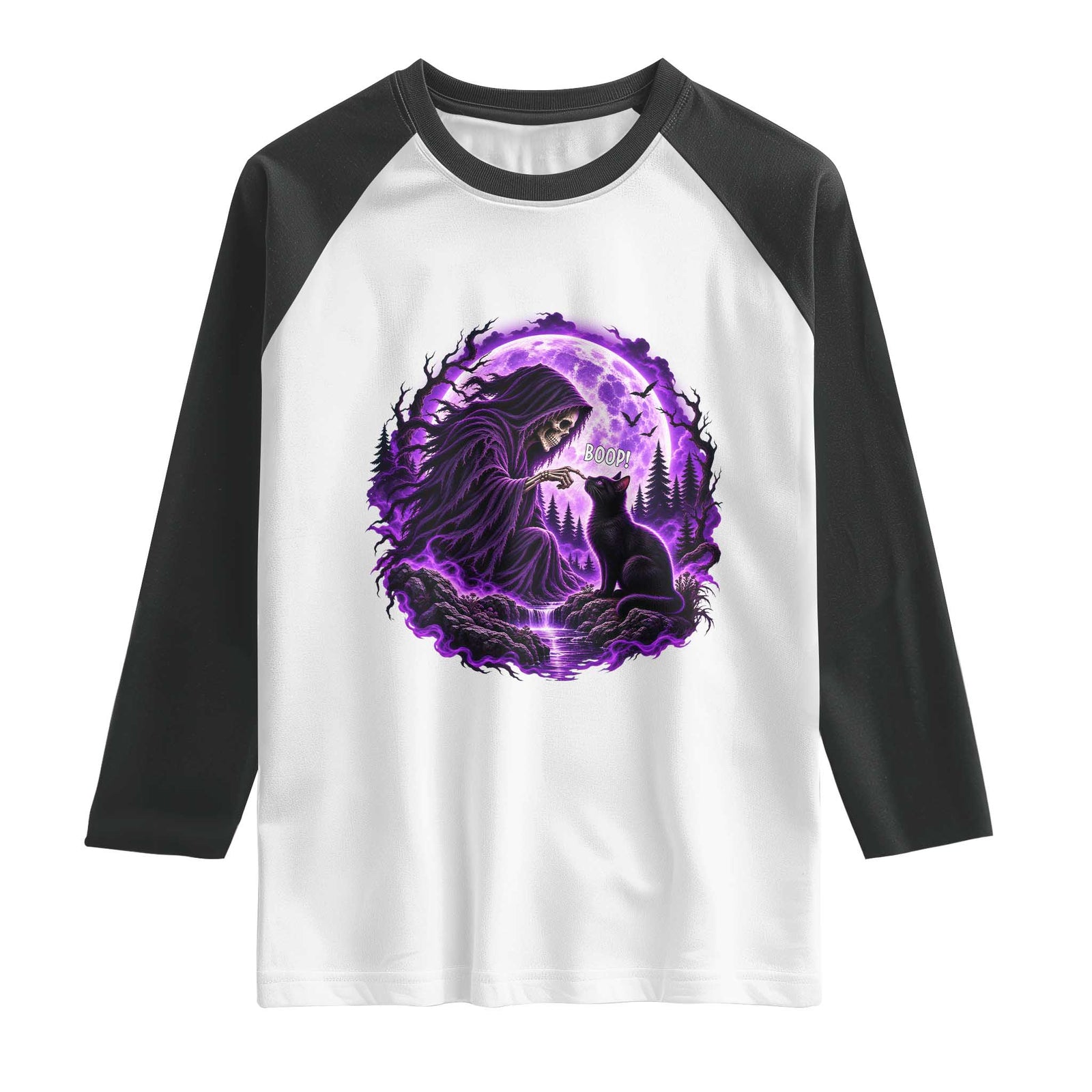 Grim Reaper Black Cat Halloween Raglan Shirt Boop Under Full Moon Gothic Gift