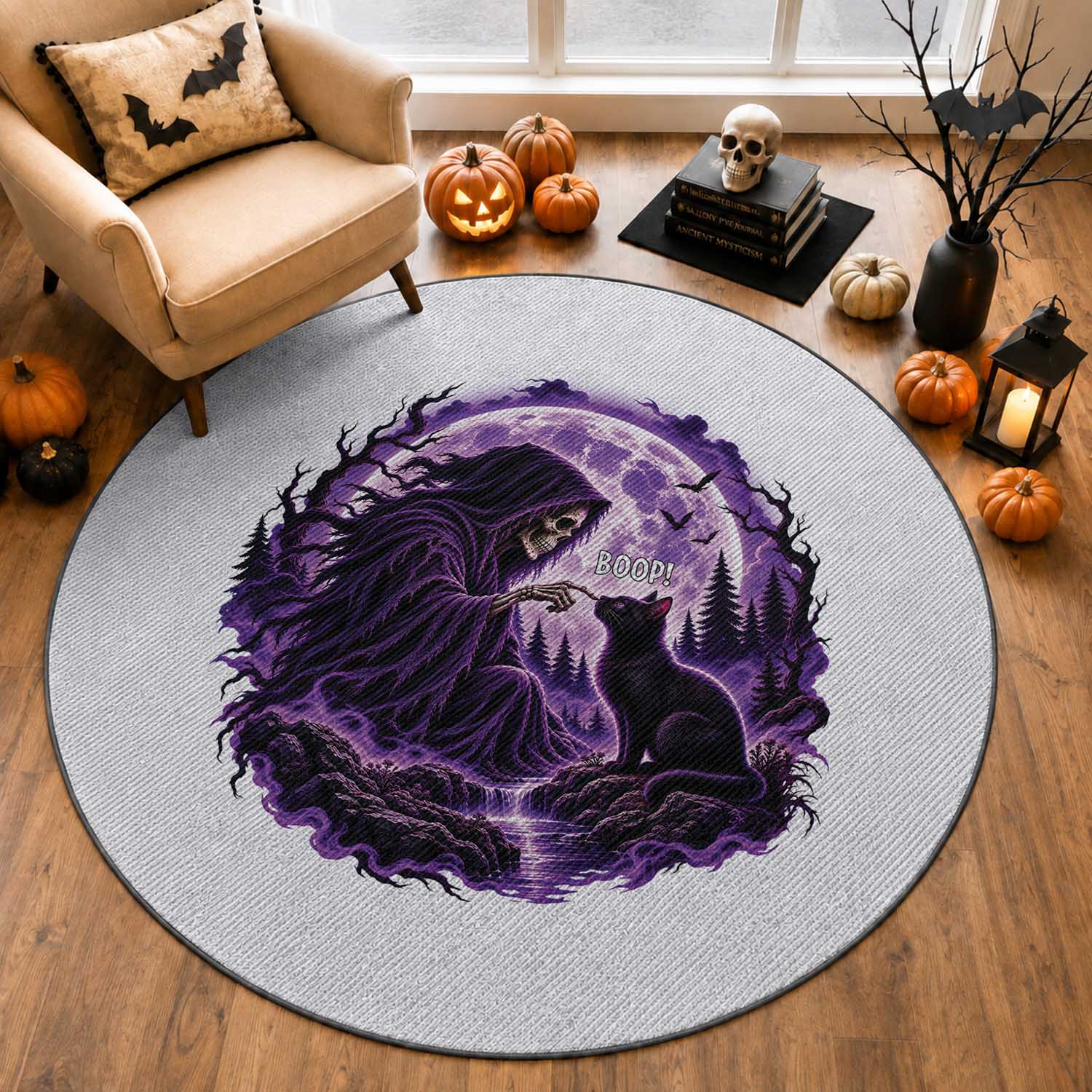Grim Reaper Black Cat Halloween Round Rug Boop Under Full Moon Gothic Gift