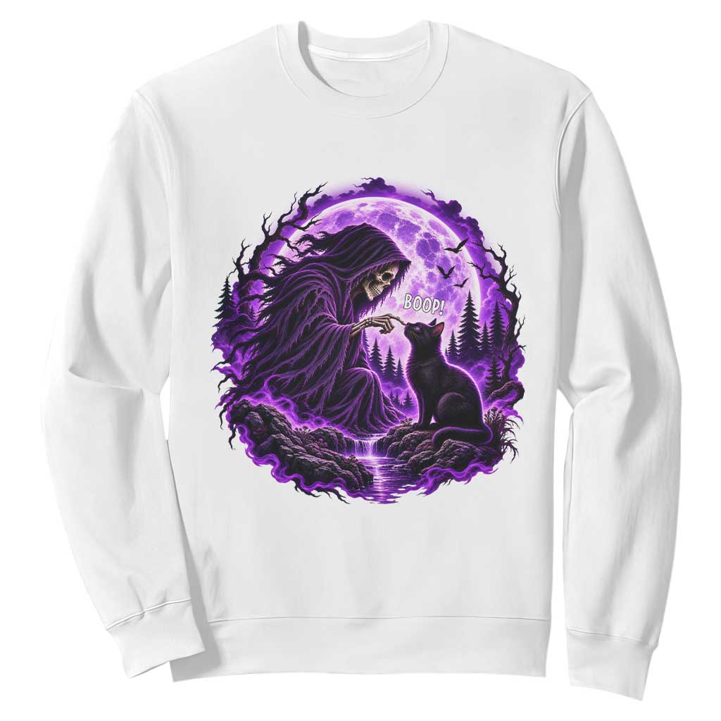 Grim Reaper Black Cat Halloween Sweatshirt Boop Under Full Moon Gothic Gift